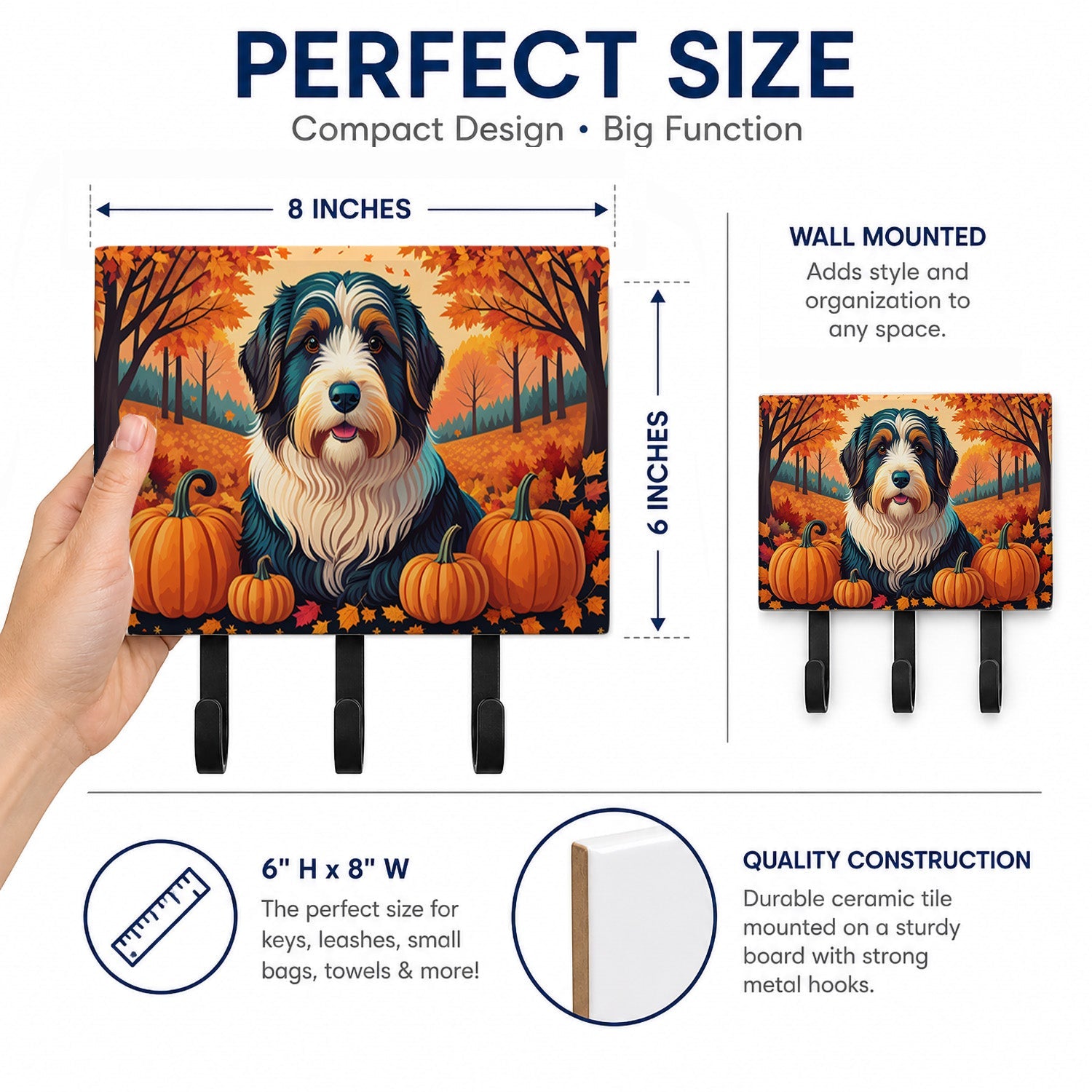 Bearded Collie Fall Leash or Key Holder Wall Hooks, Coat Rack Wall Mount, for Hanging Keys, Towels, Aprons, Leashes