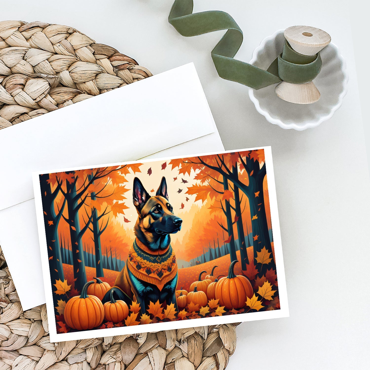 Belgian Malinois Fall Greeting Cards Pack of 8 Blank Cards with Envelopes Whimsical A7 Size 5x7