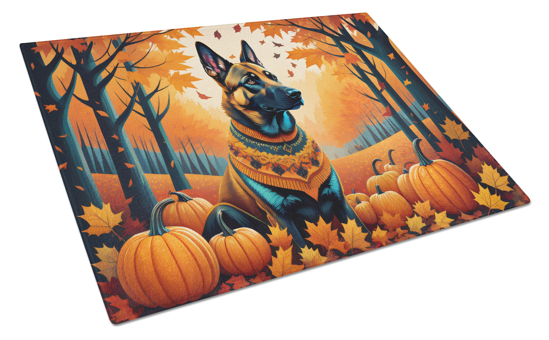 Belgian Malinois Fall Cutting Board Tempered Glass Kitchen Cutting Surface, Heat Resistant Chopping, Non-Slip Feet, Food Prep & Serving