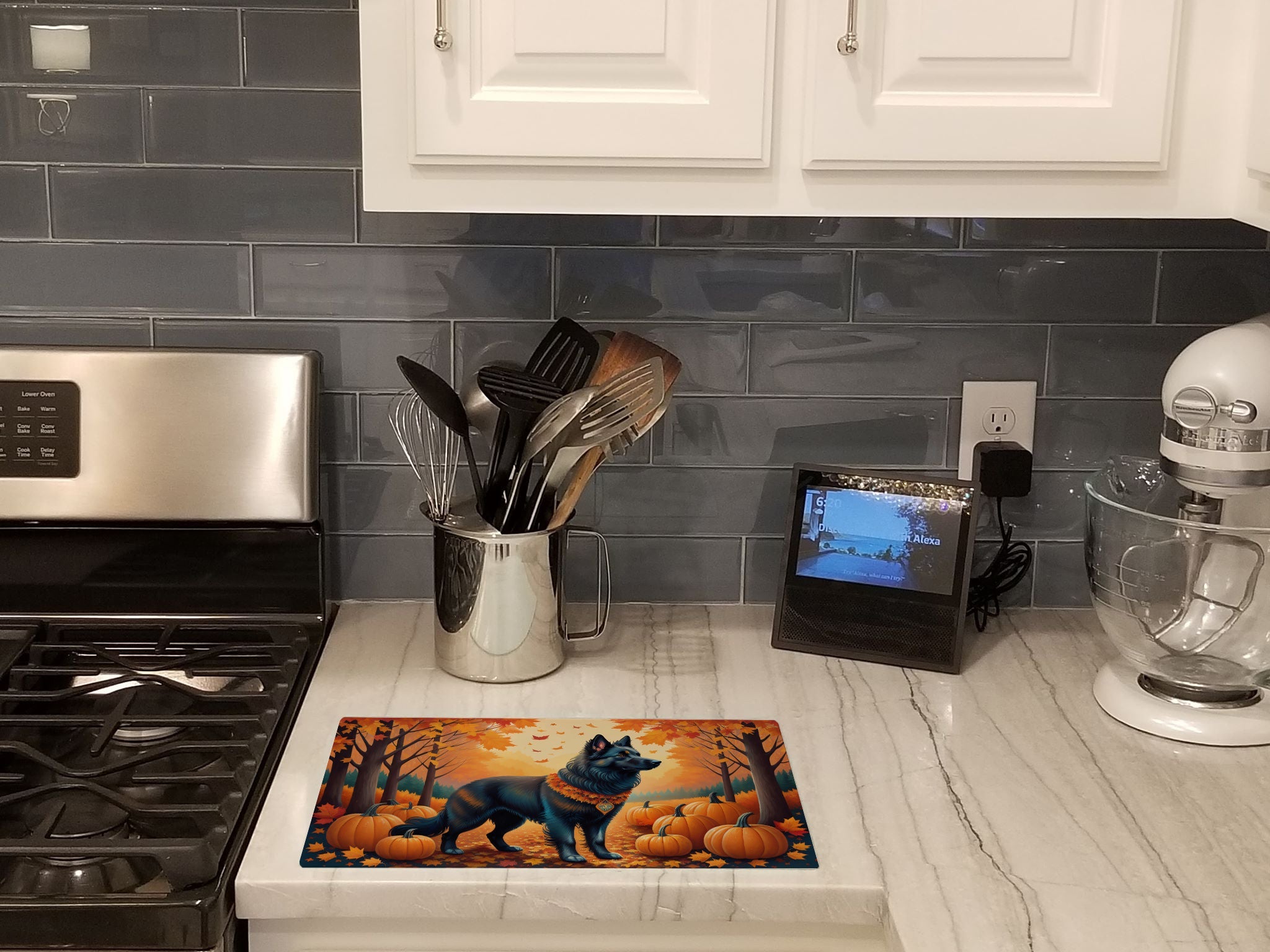 Belgian Sheepdog Fall Cutting Board Tempered Glass Kitchen Cutting Surface, Heat Resistant Chopping, Non-Slip Feet, Food Prep & Serving