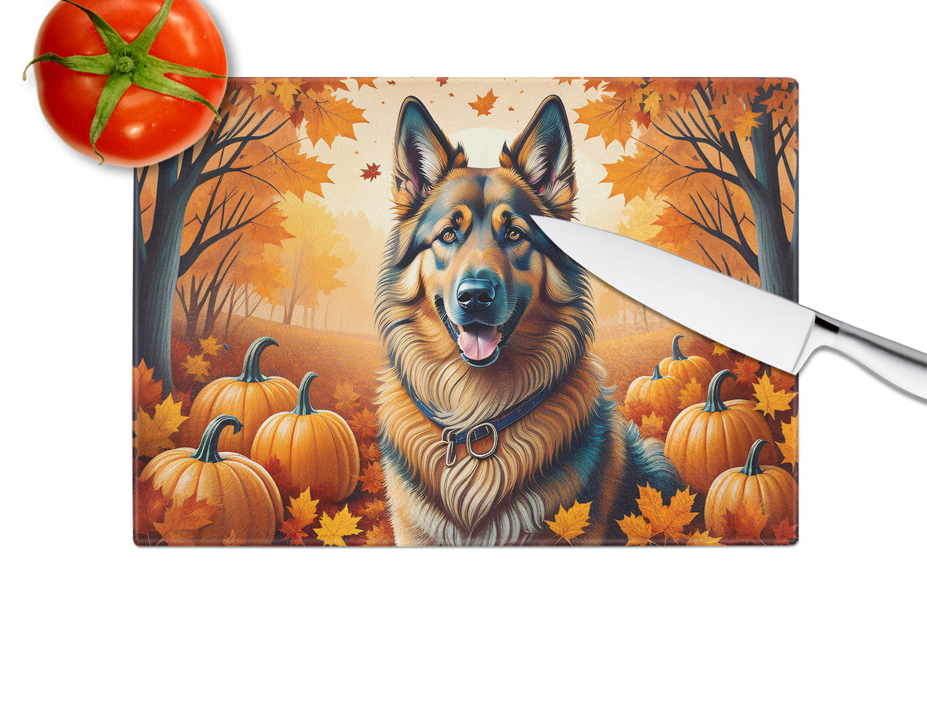 Belgian Tervuren Fall Cutting Board Tempered Glass Kitchen Cutting Surface, Heat Resistant Chopping, Non-Slip Feet, Food Prep & Serving