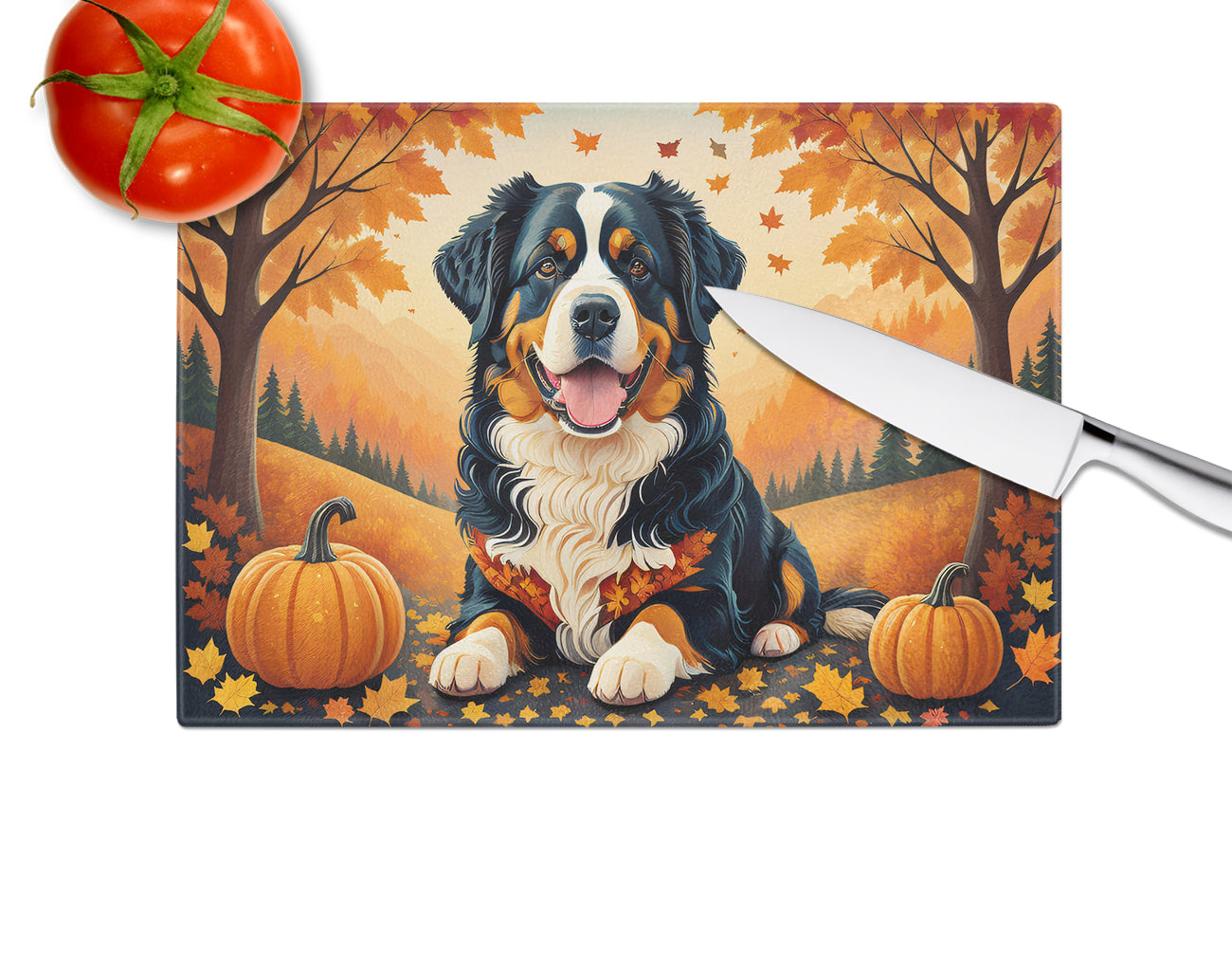Bernese Mountain Dog Fall Cutting Board Tempered Glass Kitchen Cutting Surface, Heat Resistant Chopping, Non-Slip Feet, Food Prep & Serving
