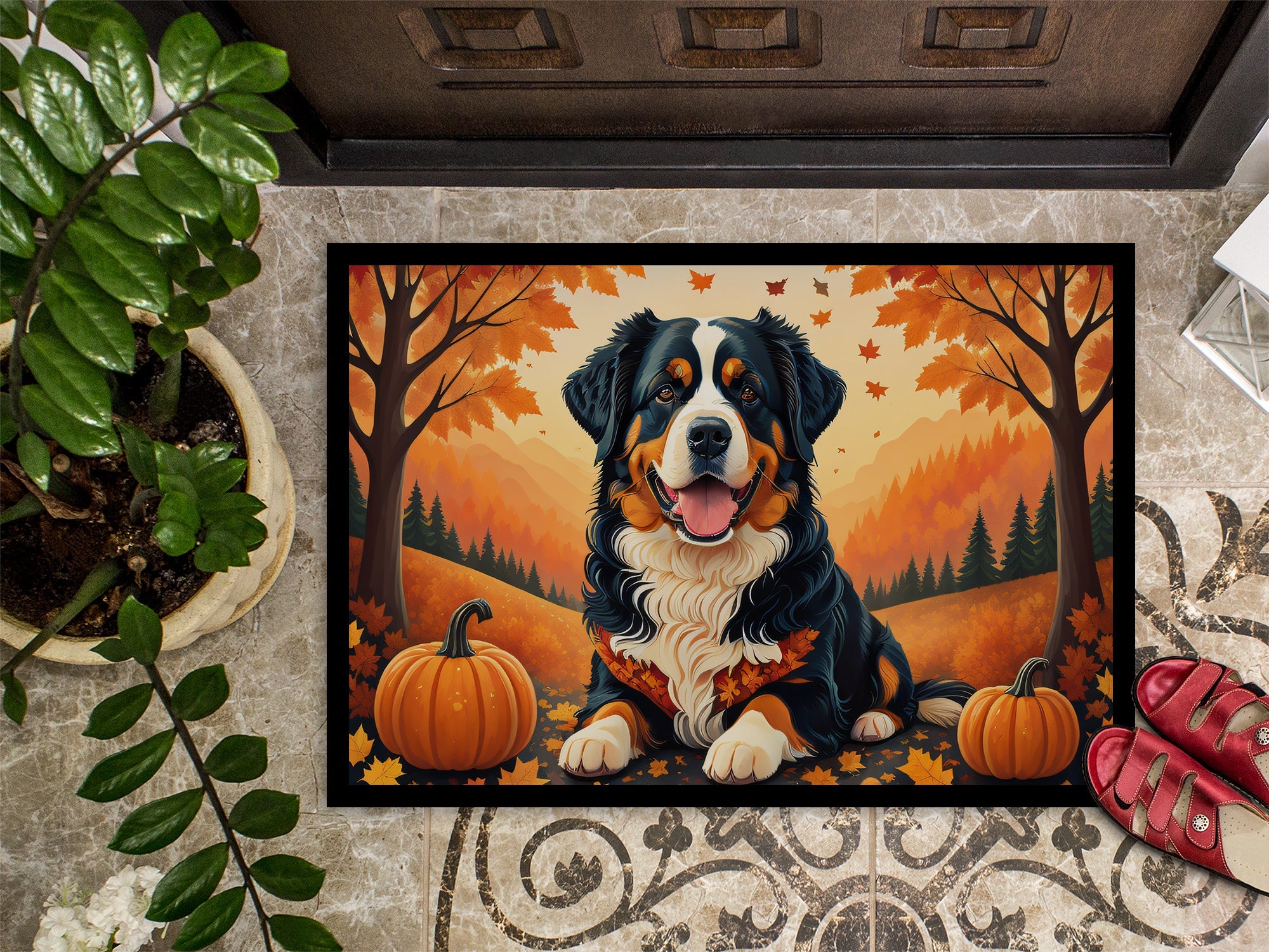 Bernese Mountain Dog Fall Doormat Indoor Outdoor 18H X 27W Front Door Mat Rugs for Entryway, Non Slip Washable