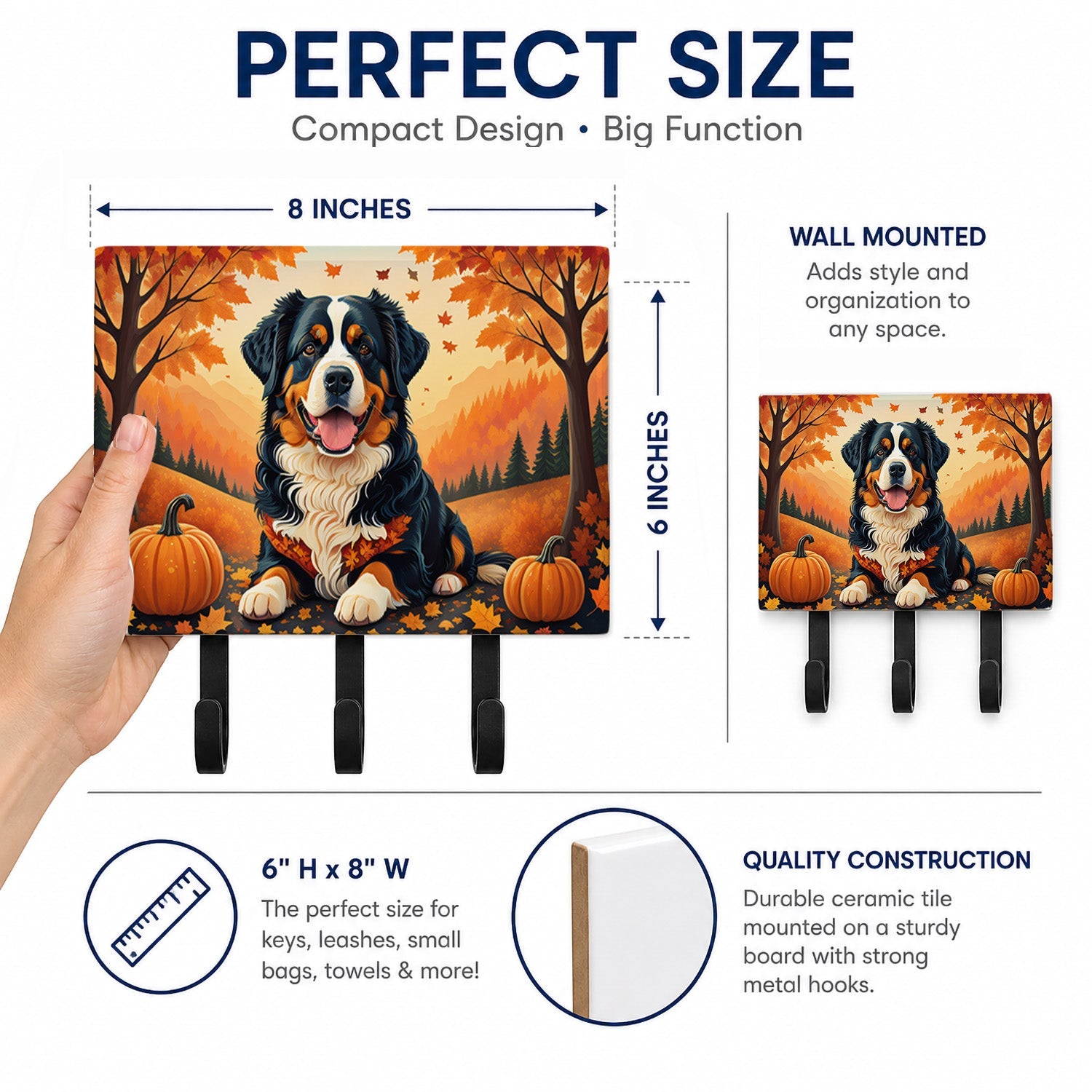 Bernese Mountain Dog Fall Leash or Key Holder Wall Hooks, Coat Rack Wall Mount, for Hanging Keys, Towels, Aprons, Leashes