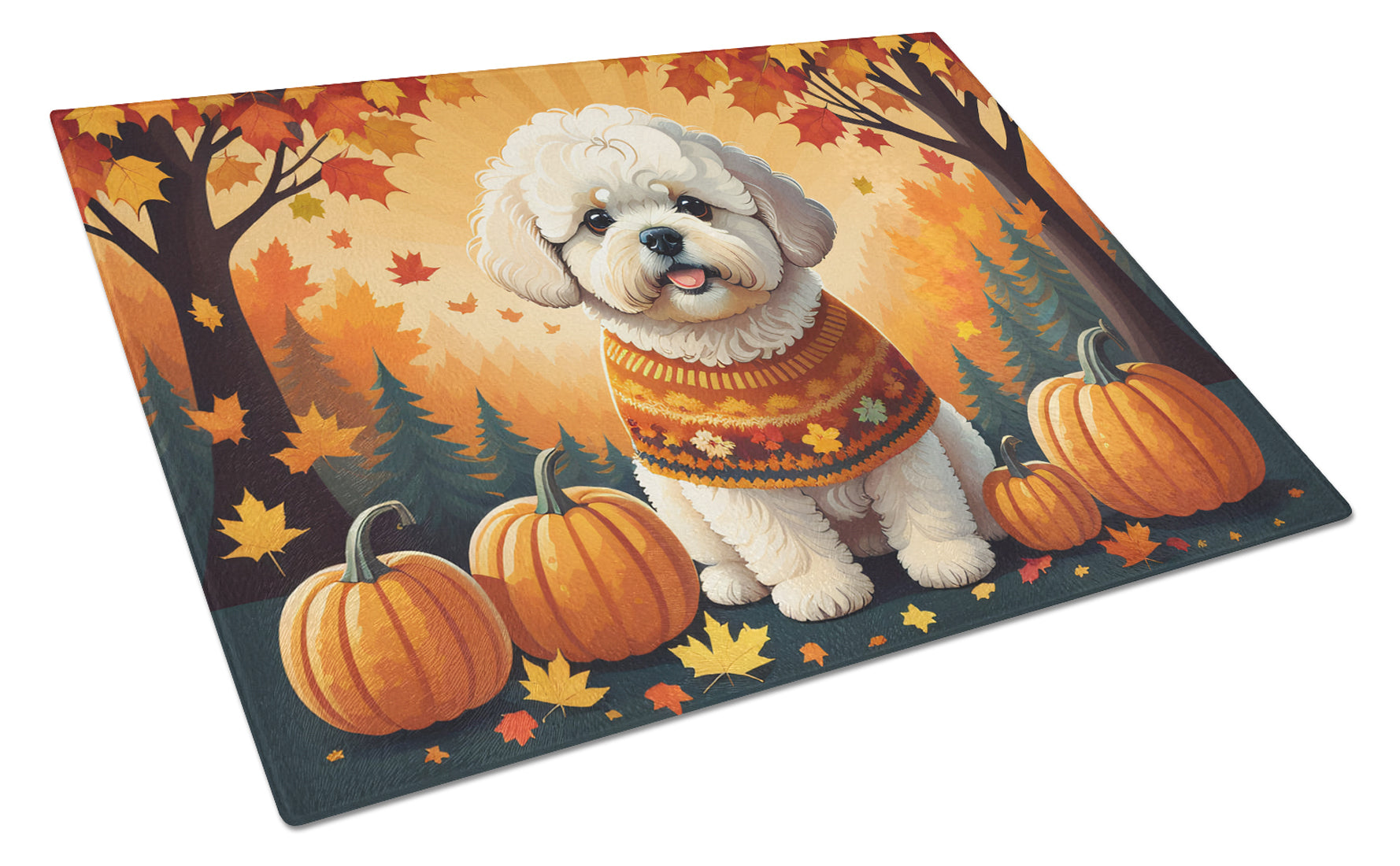 Bichon Frise Fall Cutting Board Tempered Glass Kitchen Cutting Surface, Heat Resistant Chopping, Non-Slip Feet, Food Prep & Serving