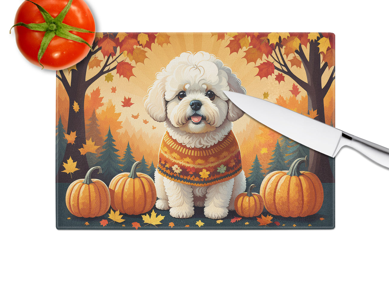 Bichon Frise Fall Cutting Board Tempered Glass Kitchen Cutting Surface, Heat Resistant Chopping, Non-Slip Feet, Food Prep & Serving