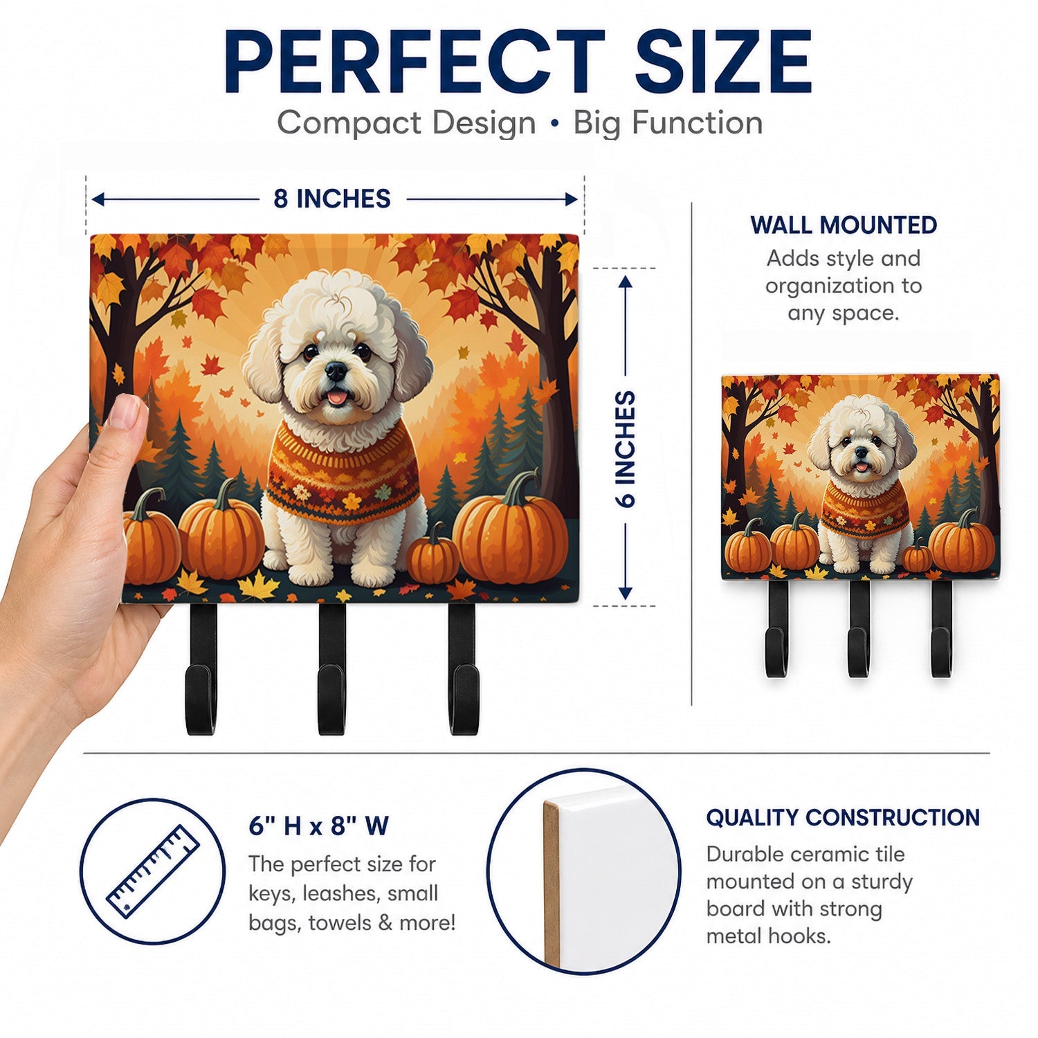 Bichon Frise Fall Leash or Key Holder Wall Hooks, Coat Rack Wall Mount, for Hanging Keys, Towels, Aprons, Leashes