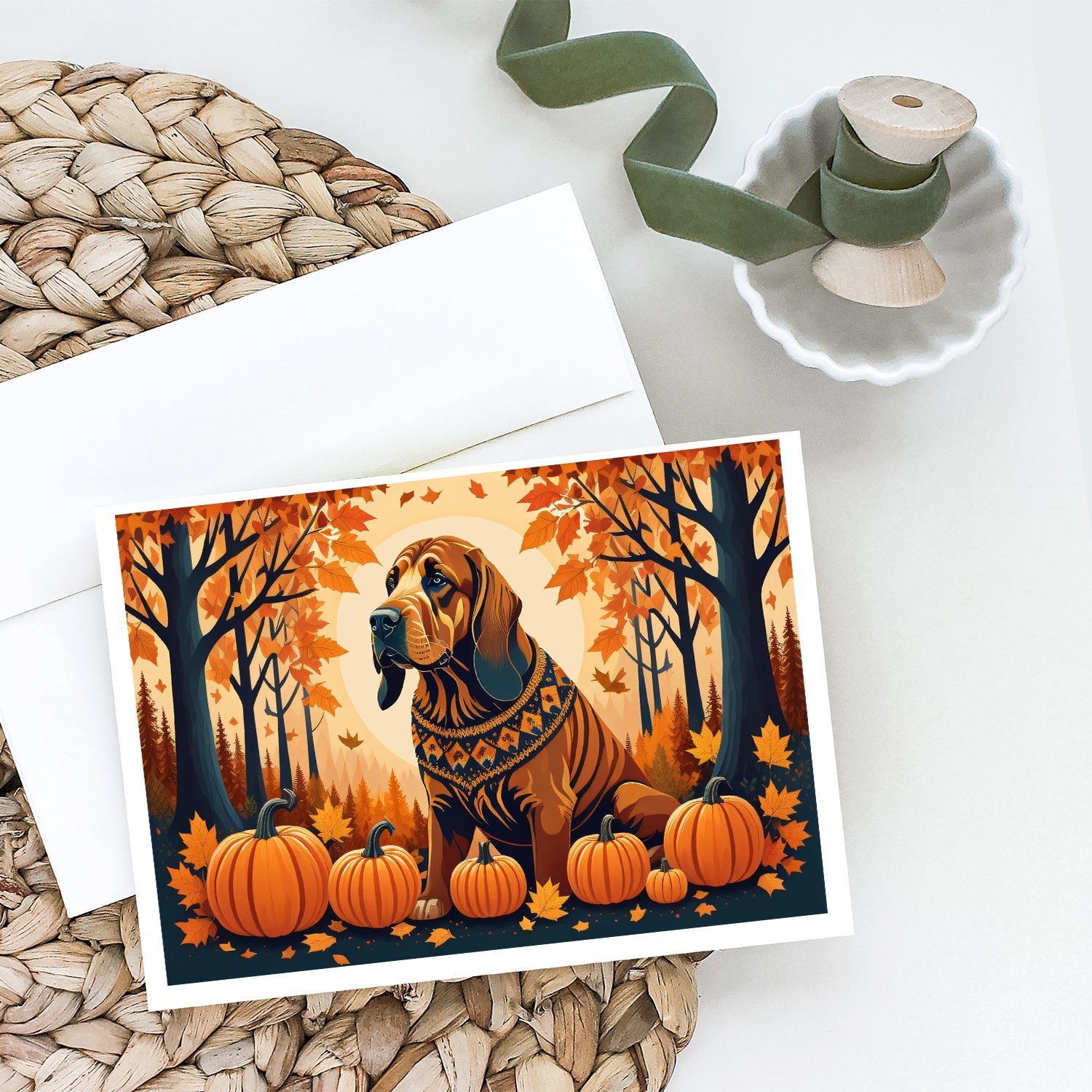 Bloodhound Fall Greeting Cards Pack of 8 Blank Cards with Envelopes Whimsical A7 Size 5x7