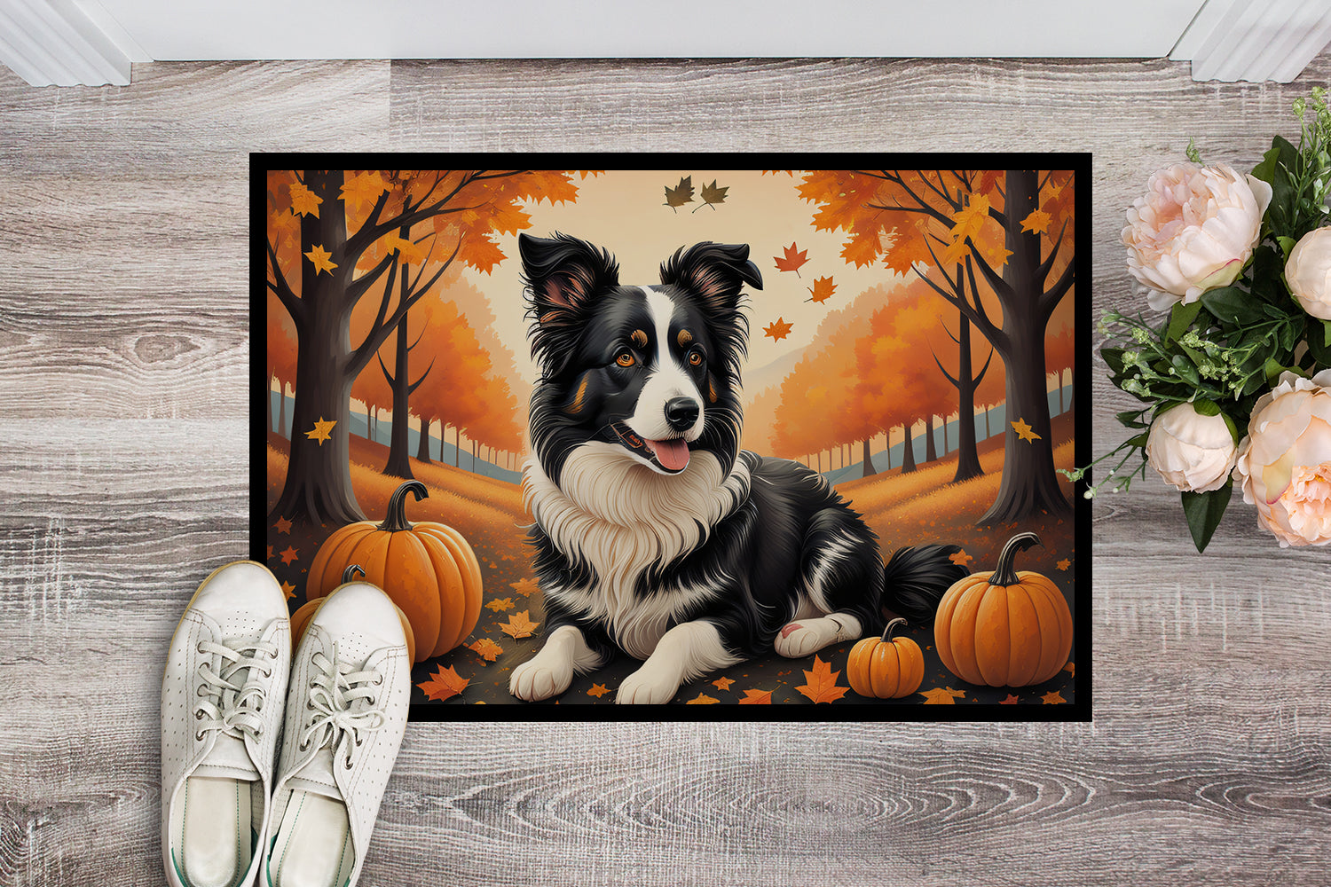 Border Collie Fall Doormat Indoor Outdoor 24H X 36W Front Door Mat Rugs for Entryway, Non Slip Washable Low Pile,