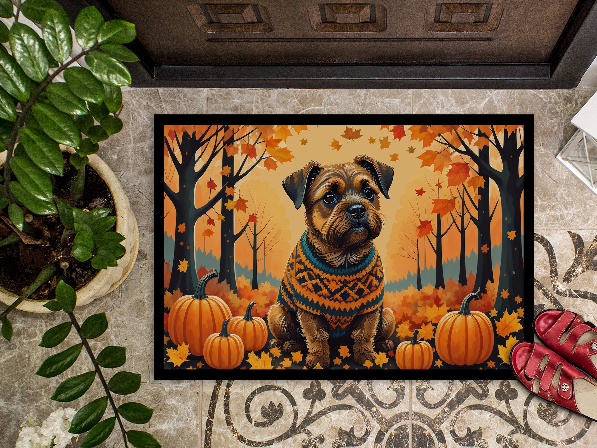 Border Terrier Fall Doormat Indoor Outdoor 24H X 36W Front Door Mat Rugs for Entryway, Non Slip Washable Low Pile,