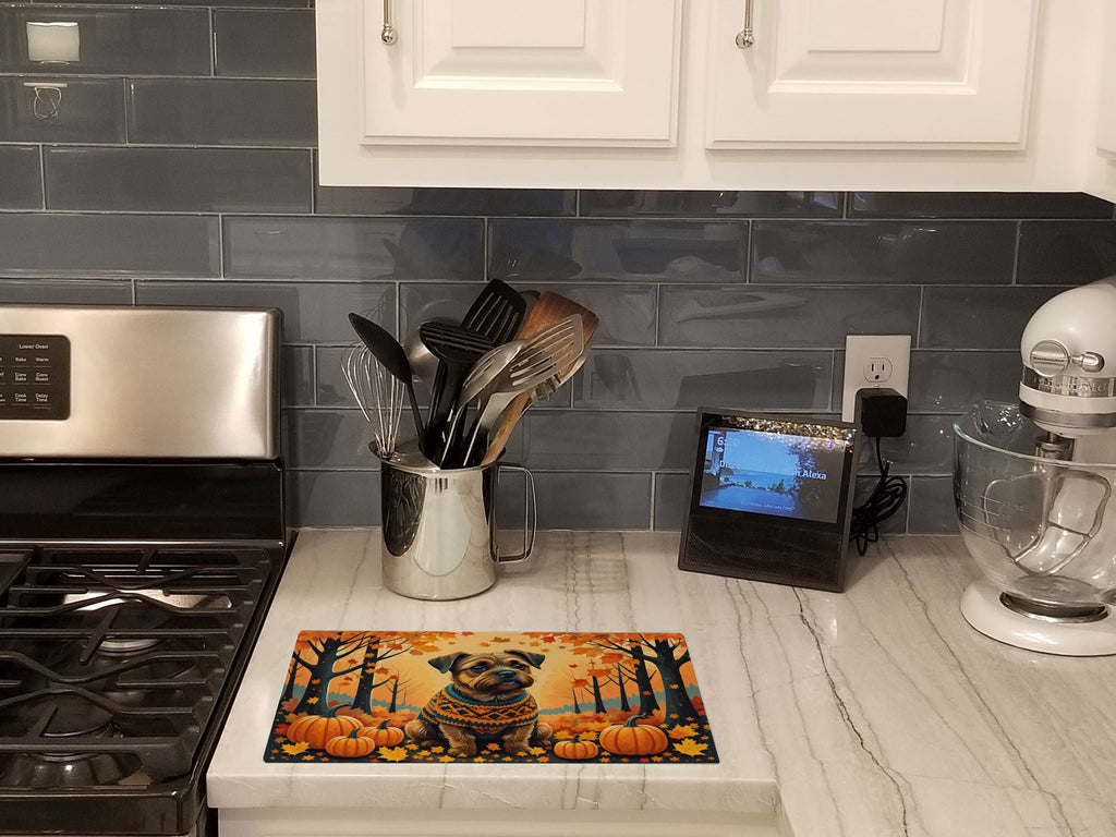 Border Terrier Fall Cutting Board Tempered Glass Kitchen Cutting Surface, Heat Resistant Chopping, Non-Slip Feet, Food Prep & Serving