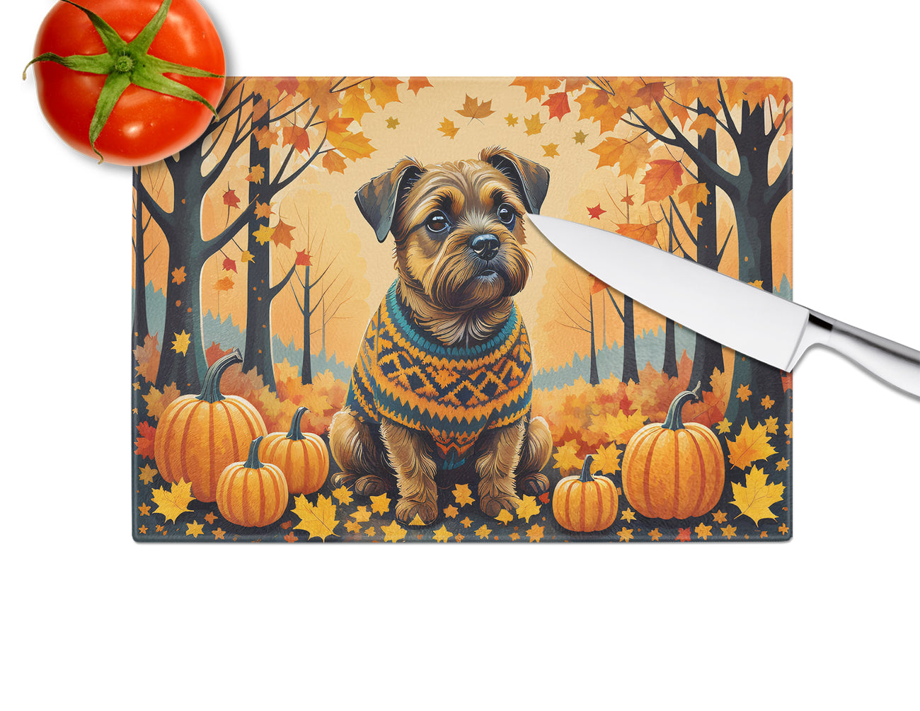 Border Terrier Fall Cutting Board Tempered Glass Kitchen Cutting Surface, Heat Resistant Chopping, Non-Slip Feet, Food Prep & Serving