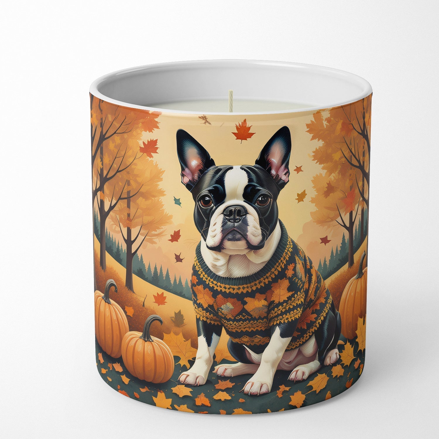 Boston Terrier Fall Decorative Soy Candle Nature Soy Wax Essential Oil Home Decor Ideal for Bedroom Kitchen Bath Office Gift, 10 oz