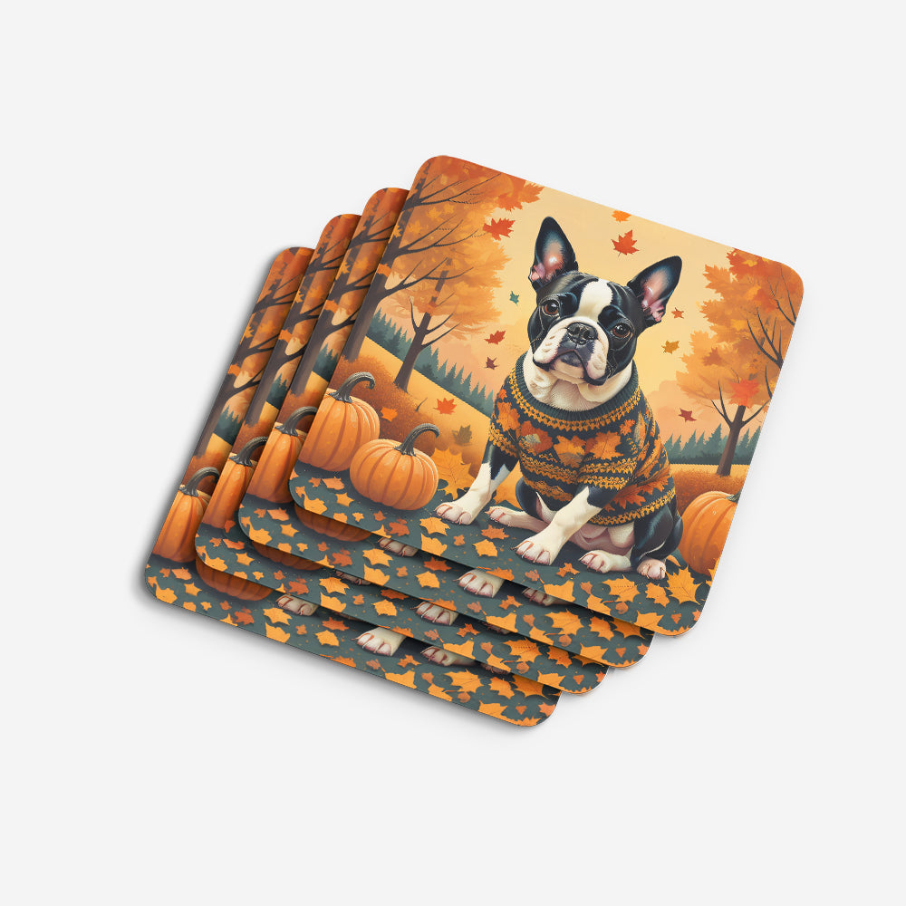 Boston Terrier Fall Foam Coasters Set of 4 Cup Coasters for Indoor Outdoor, Tabletop Protection, Anti Slip, Mouse pad Material