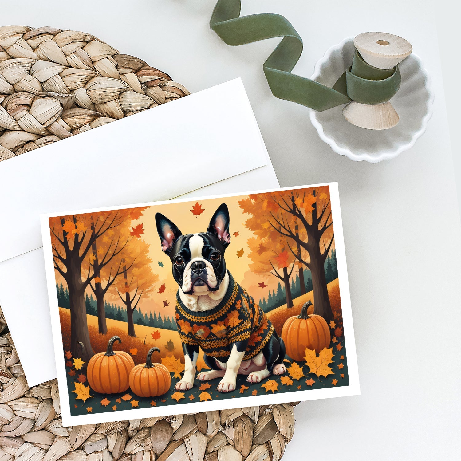 Boston Terrier Fall Greeting Cards Pack of 8 Blank Cards with Envelopes Whimsical A7 Size 5x7