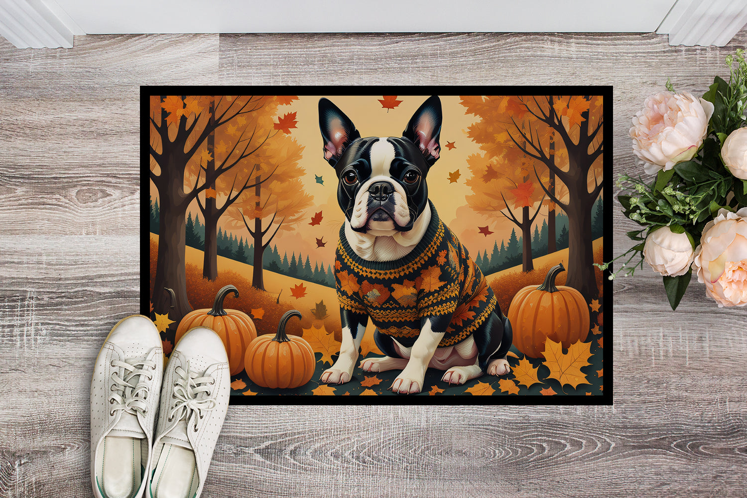 Boston Terrier Fall Doormat Indoor Outdoor 24H X 36W Front Door Mat Rugs for Entryway, Non Slip Washable Low Pile,
