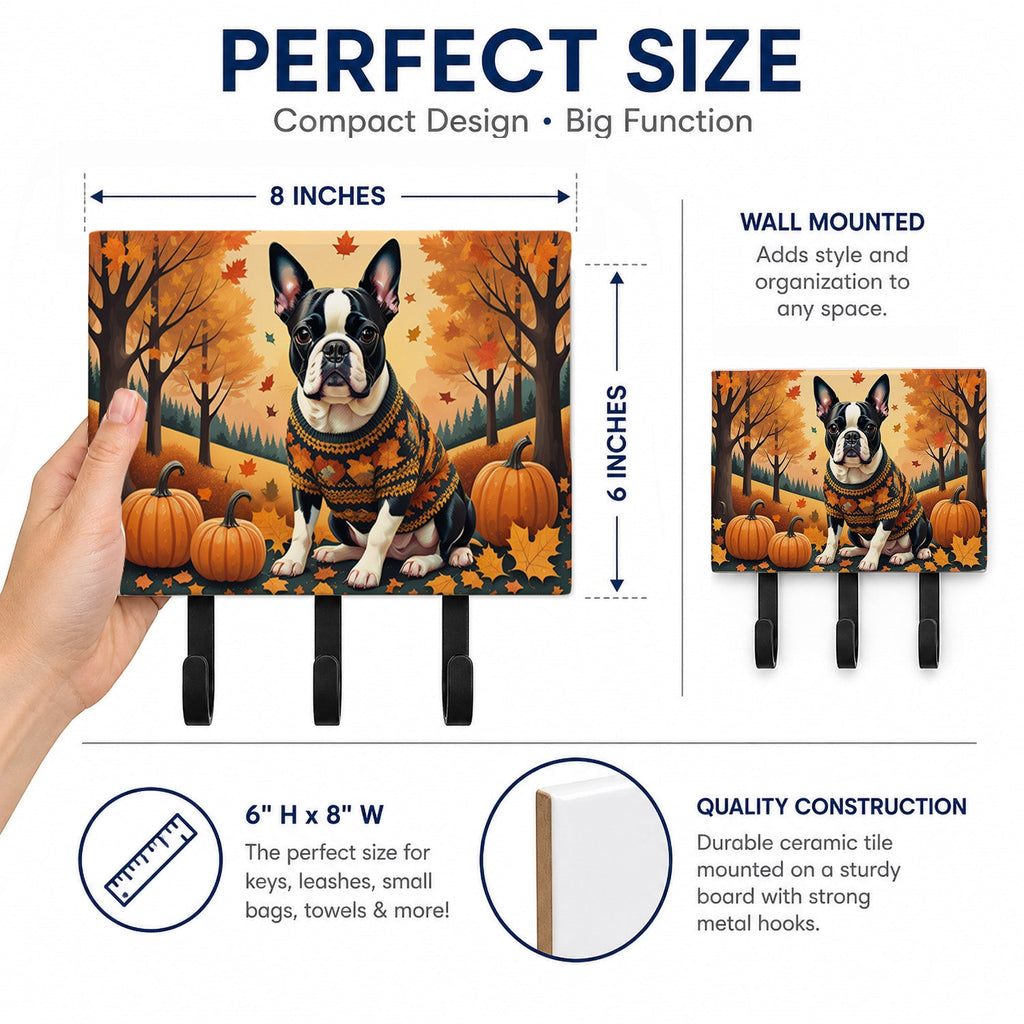 Boston Terrier Fall Leash or Key Holder Wall Hooks, Coat Rack Wall Mount, for Hanging Keys, Towels, Aprons, Leashes