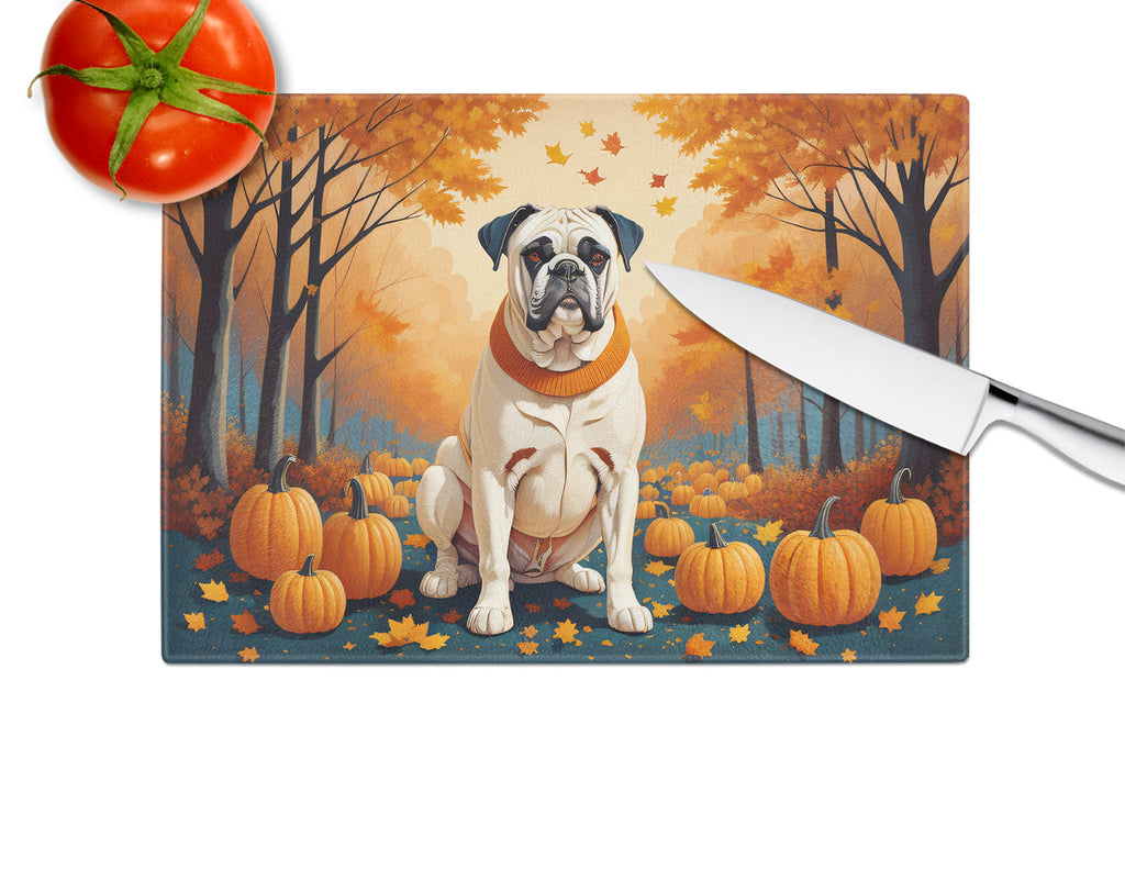 White Boxer Fall Cutting Board Tempered Glass Kitchen Cutting Surface, Heat Resistant Chopping, Non-Slip Feet, Food Prep & Serving