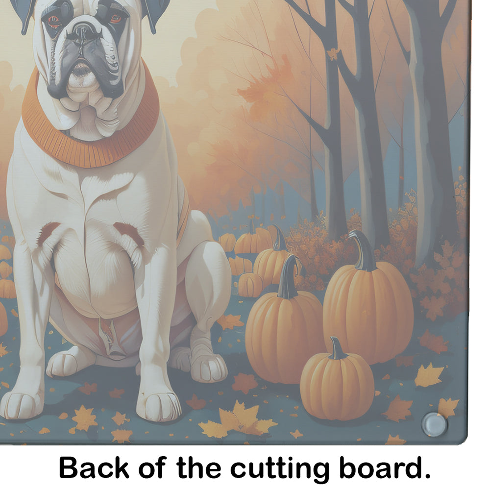 White Boxer Fall Cutting Board Tempered Glass Kitchen Cutting Surface, Heat Resistant Chopping, Non-Slip Feet, Food Prep & Serving