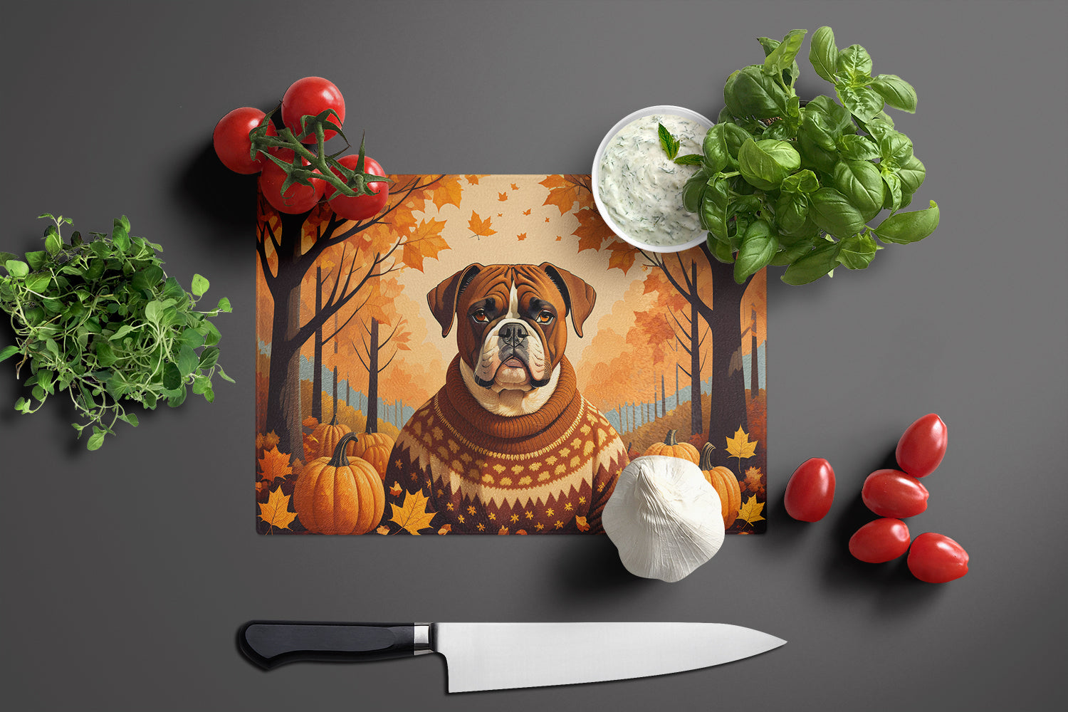 Boxer Fall Cutting Board Tempered Glass Kitchen Cutting Surface, Heat Resistant Chopping, Non-Slip Feet, Food Prep & Serving