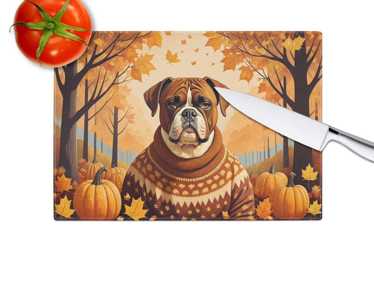 Boxer Fall Cutting Board Tempered Glass Kitchen Cutting Surface, Heat Resistant Chopping, Non-Slip Feet, Food Prep & Serving