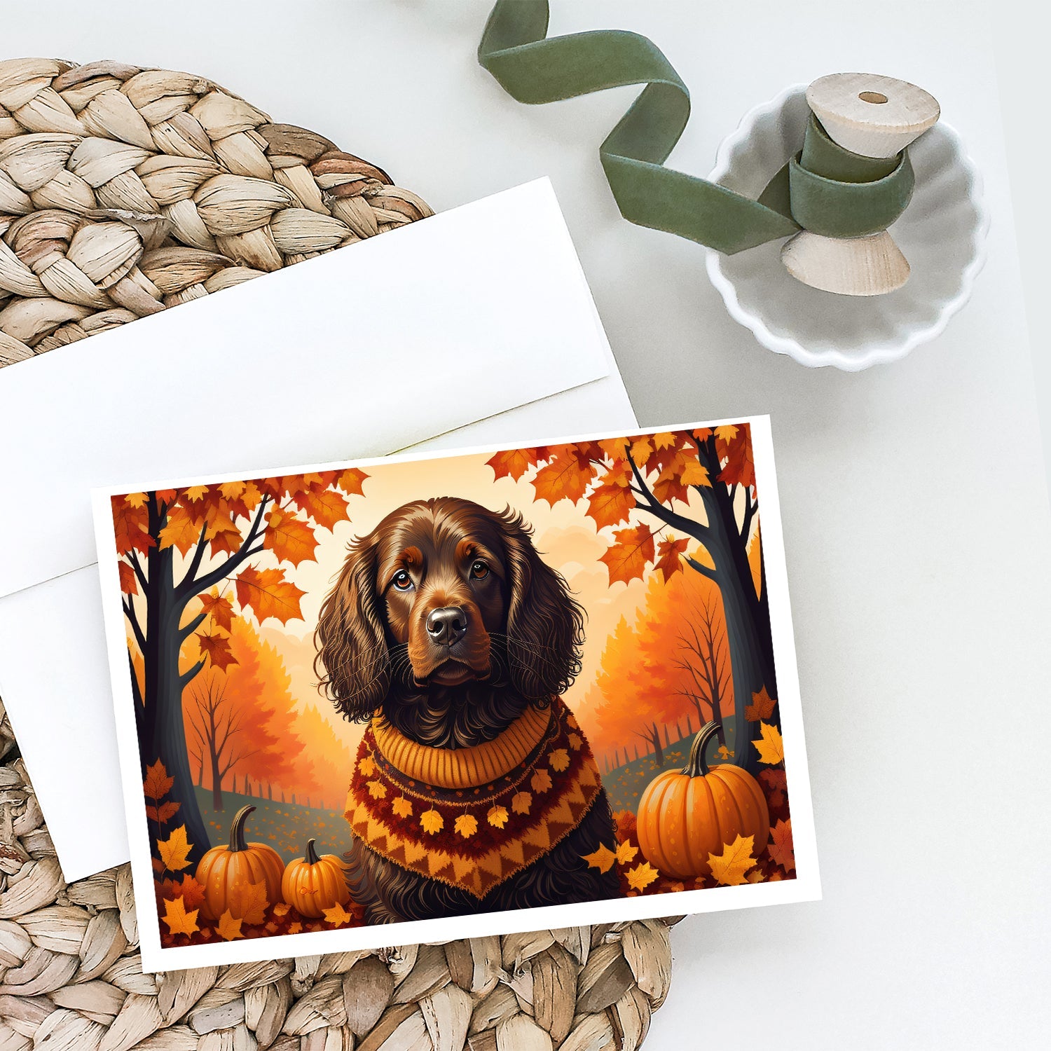 Boykin Spaniel Fall Greeting Cards Pack of 8 Blank Cards with Envelopes Whimsical A7 Size 5x7