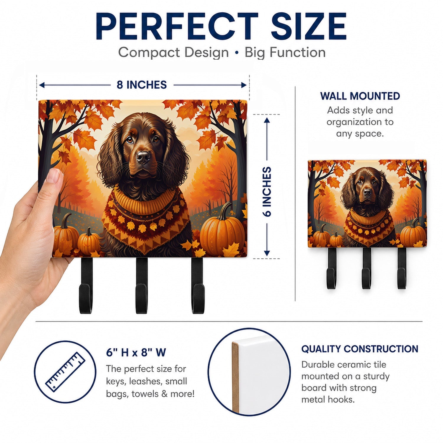 Boykin Spaniel Fall Leash or Key Holder Wall Hooks, Coat Rack Wall Mount, for Hanging Keys, Towels, Aprons, Leashes