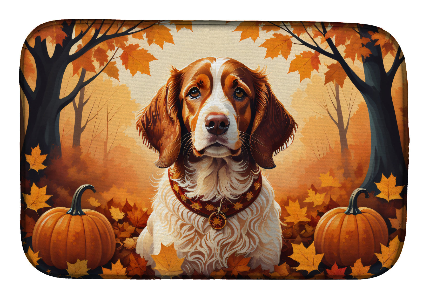 Brittany Spaniel Fall Dish Drying Mat Absorbent Dish Drying Mat Pad for Kitchen Counter Dish Drainer Mat for Countertop, 14 x 21", Multicolor