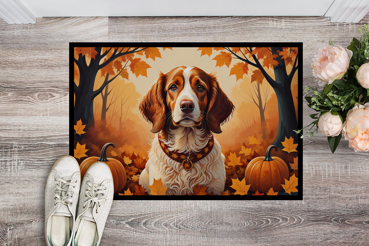 Brittany Spaniel Fall Doormat Indoor Outdoor 18H X 27W Front Door Mat Rugs for Entryway, Non Slip Washable