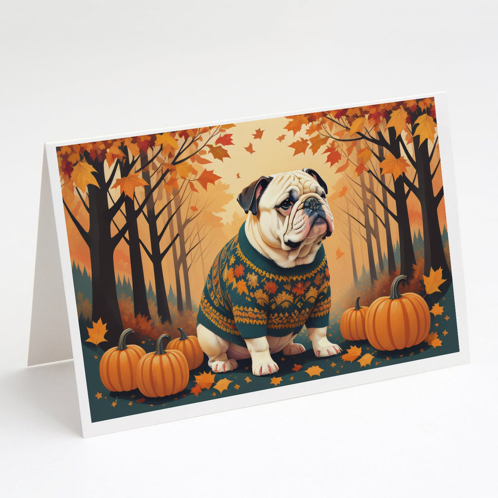 White English Bulldog Fall Greeting Cards Pack of 8 Blank Cards with Envelopes Whimsical A7 Size 5x7