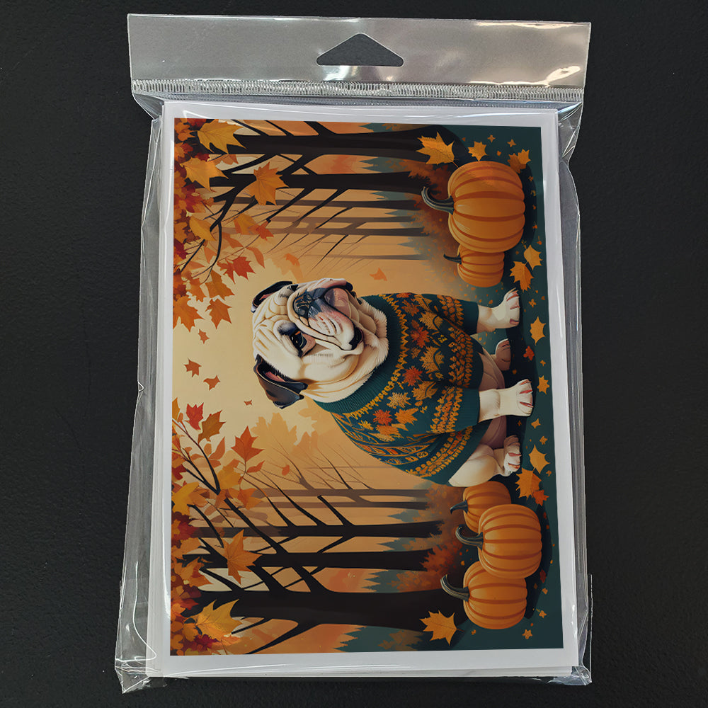 White English Bulldog Fall Greeting Cards Pack of 8 Blank Cards with Envelopes Whimsical A7 Size 5x7