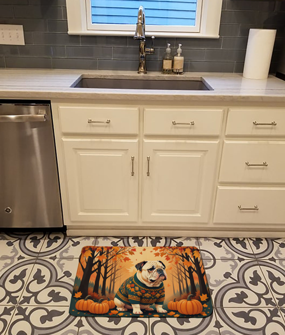 White English Bulldog Fall Memory Foam Kitchen Mat Machine Washable Anti-Fatigue Cushion Comfort Bath or Kitchen Rug