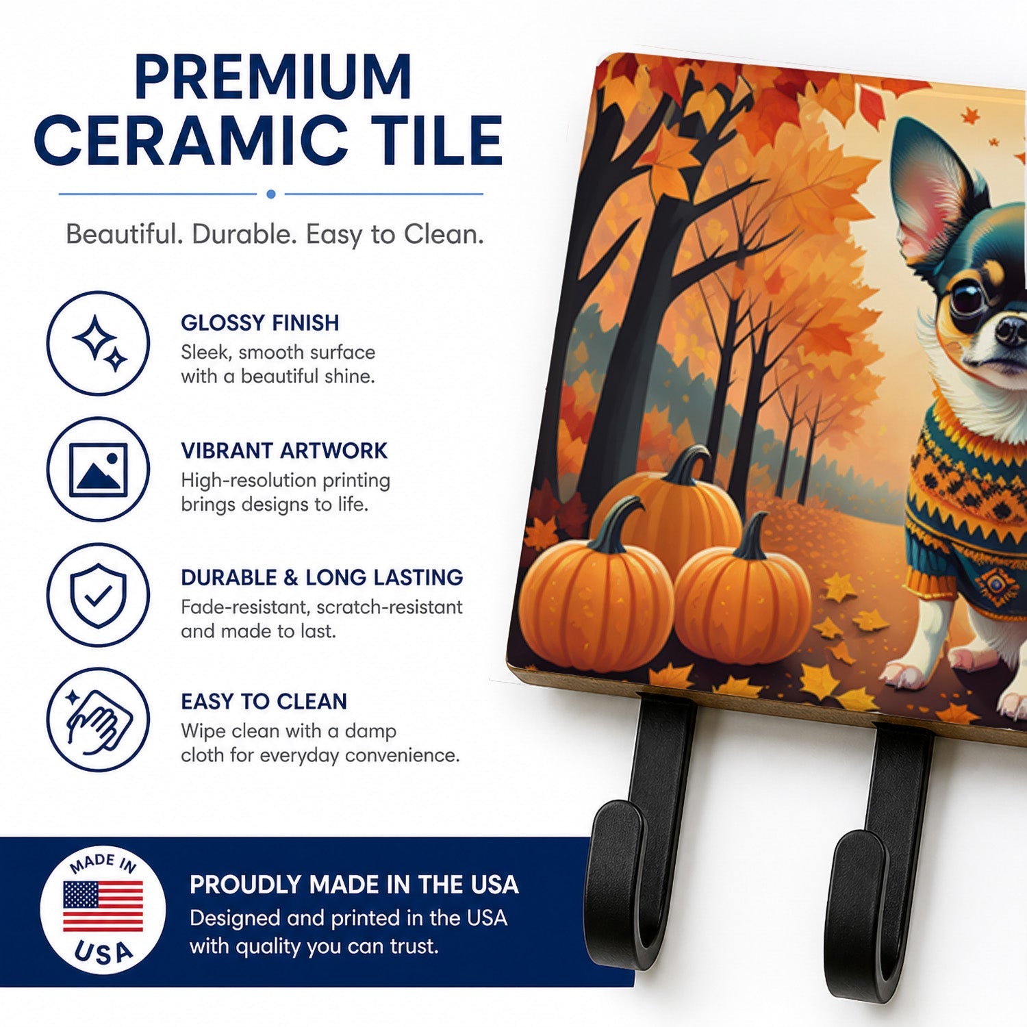 Tricolor Chihuahua Fall Leash or Key Holder Wall Hooks, Coat Rack Wall Mount, for Hanging Keys, Towels, Aprons, Leashes