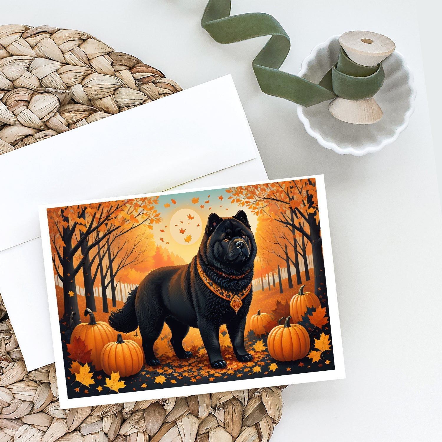 Black Chow Chow Fall Greeting Cards Pack of 8 Blank Cards with Envelopes Whimsical A7 Size 5x7