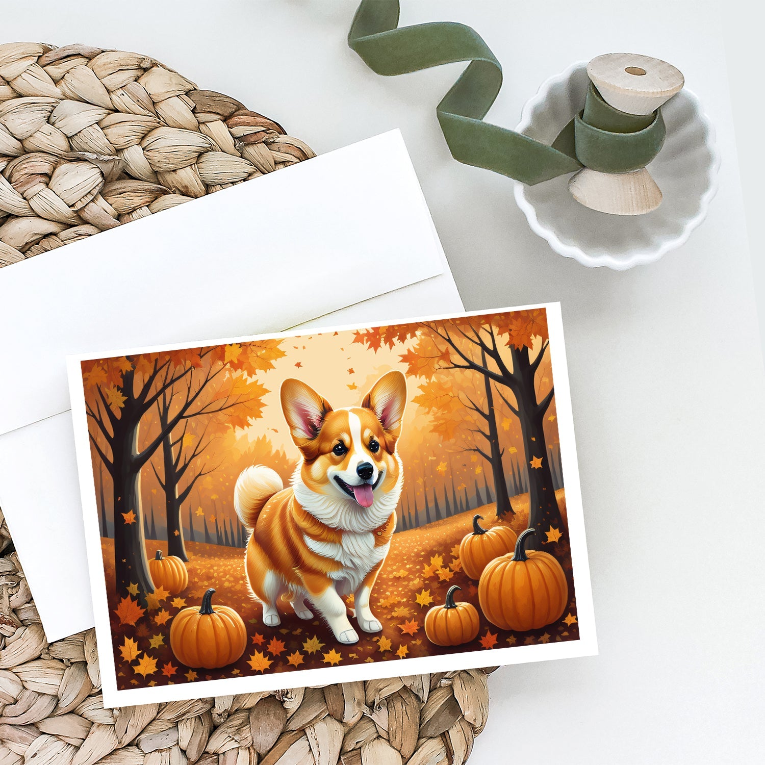 Corgi Fall Greeting Cards Pack of 8 Blank Cards with Envelopes Whimsical A7 Size 5x7