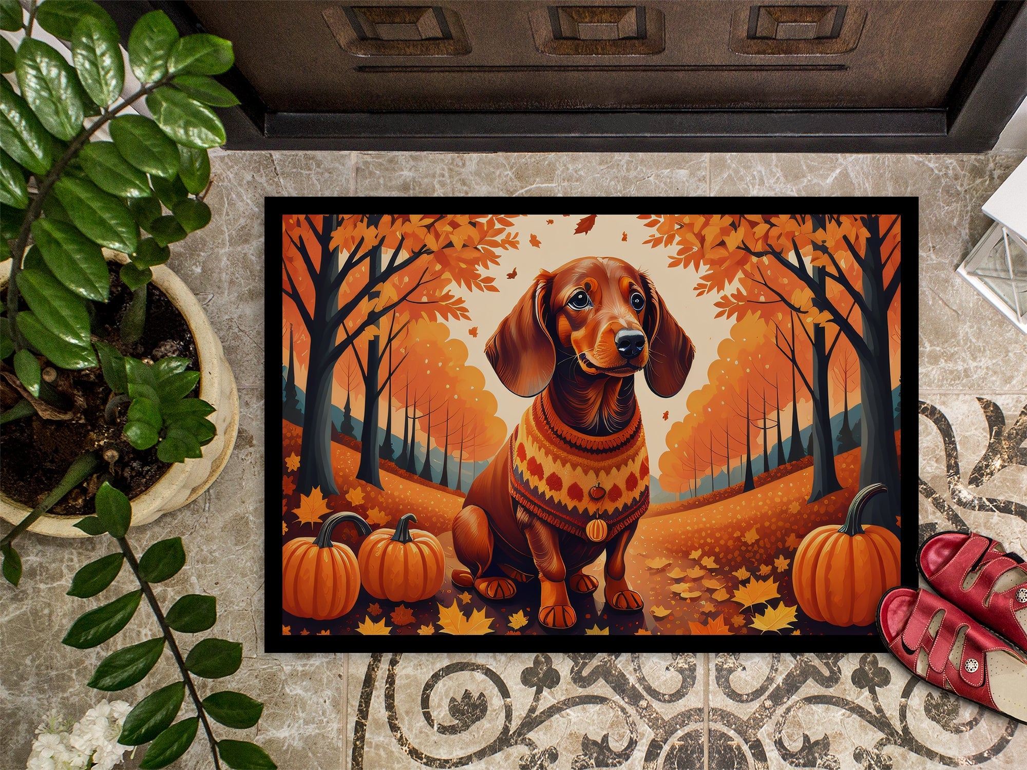 Dachshund Fall Doormat Indoor Outdoor 24H X 36W Front Door Mat Rugs for Entryway, Non Slip Washable Low Pile,