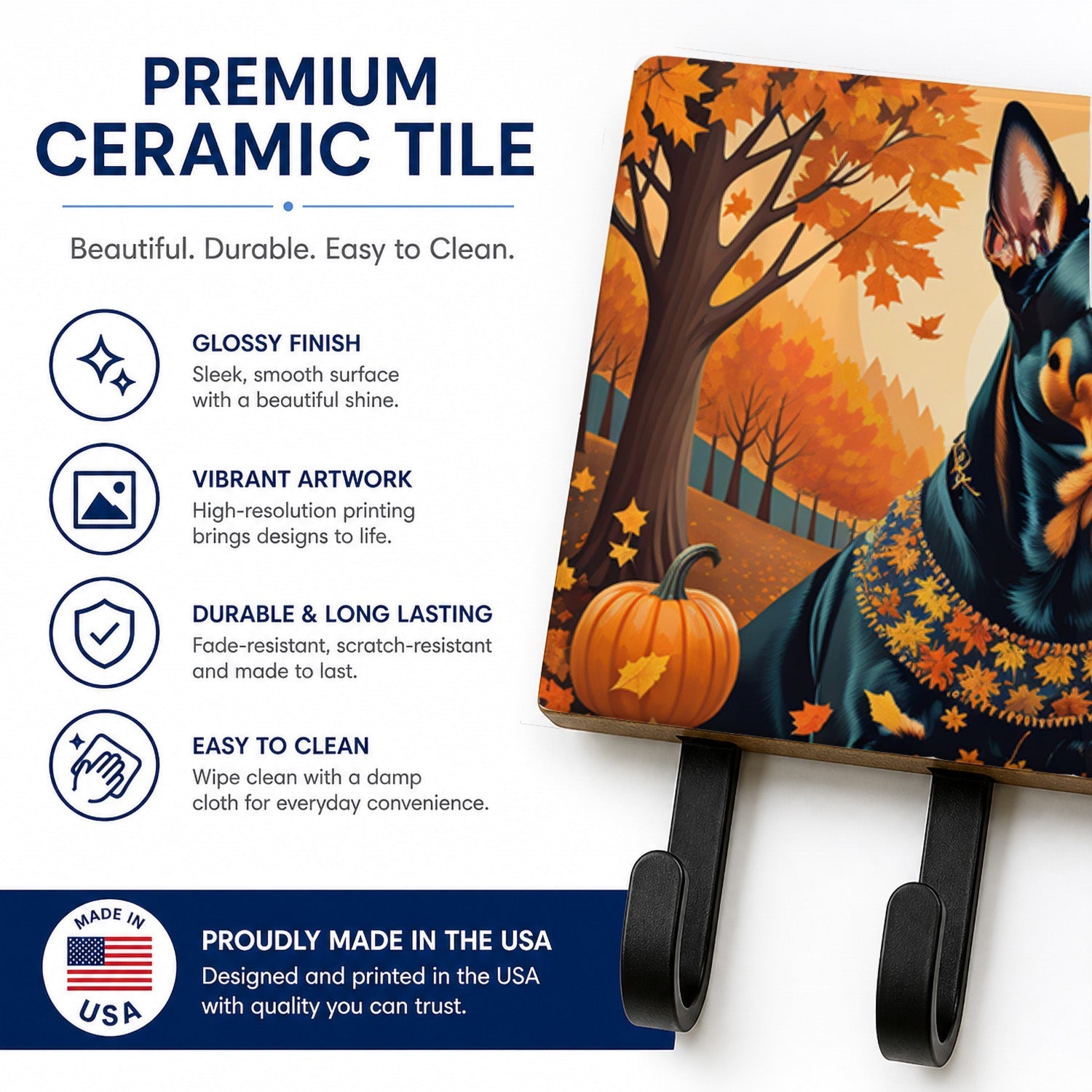 Doberman Pinscher Fall Leash or Key Holder Wall Hooks, Coat Rack Wall Mount, for Hanging Keys, Towels, Aprons, Leashes
