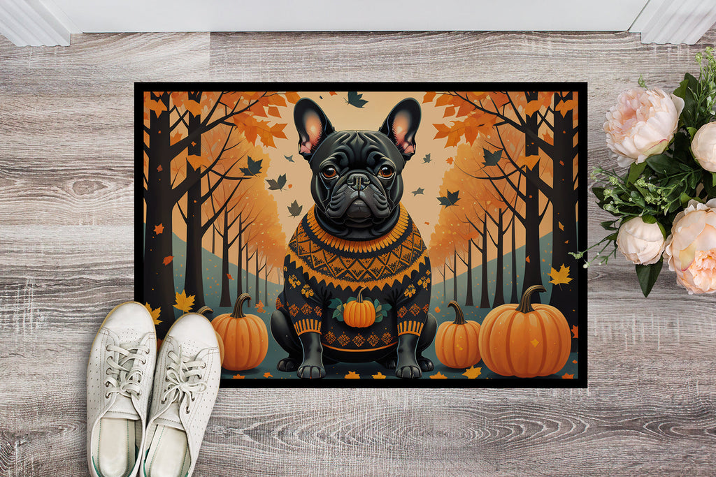 Black French Bulldog Fall Doormat Indoor Outdoor 24H X 36W Front Door Mat Rugs for Entryway, Non Slip Washable Low Pile,