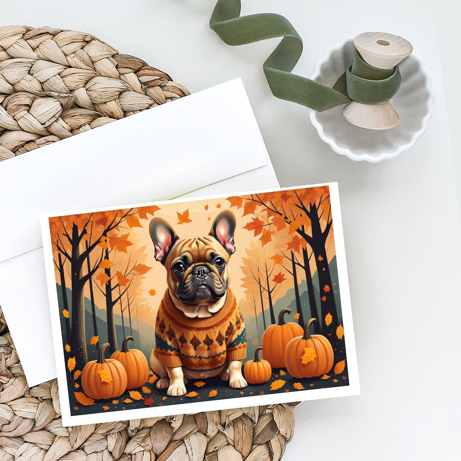 Fawn French Bulldog Fall Greeting Cards Pack of 8 Blank Cards with Envelopes Whimsical A7 Size 5x7