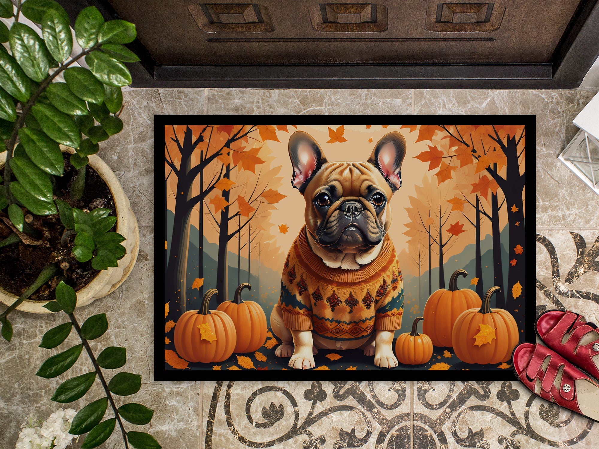 Fawn French Bulldog Fall Doormat Indoor Outdoor 18H X 27W Front Door Mat Rugs for Entryway, Non Slip Washable