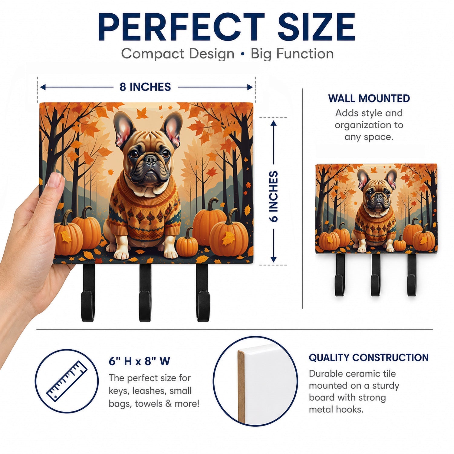 Fawn French Bulldog Fall Leash or Key Holder Wall Hooks, Coat Rack Wall Mount, for Hanging Keys, Towels, Aprons, Leashes