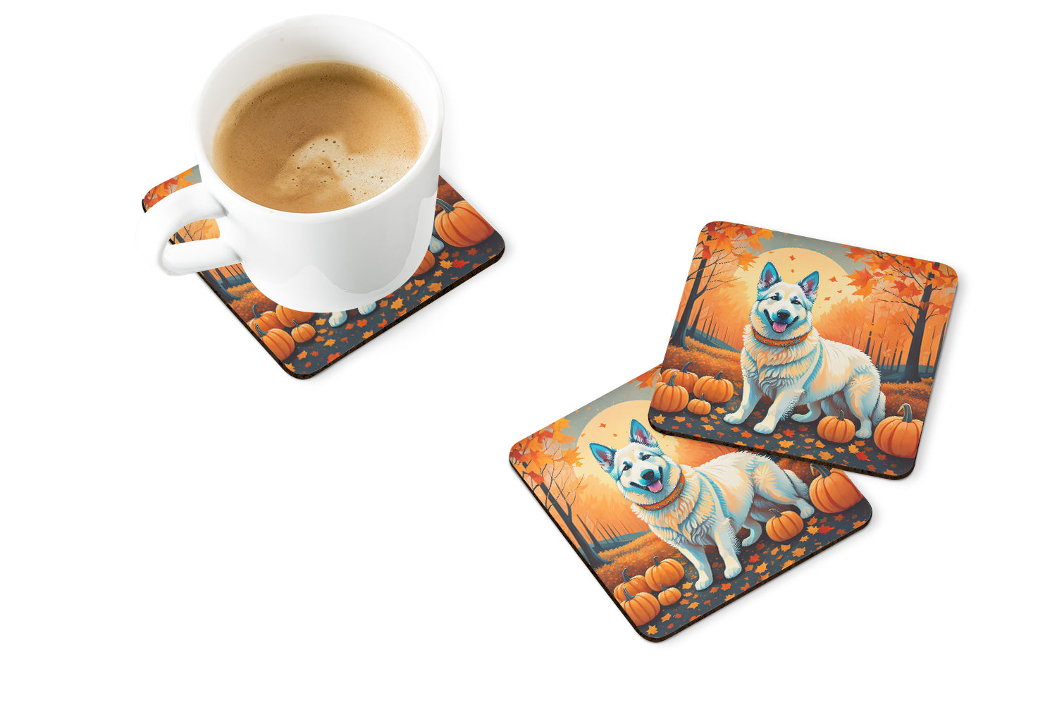 White German Shepherd Fall Foam Coasters Set of 4 Cup Coasters for Indoor Outdoor, Tabletop Protection, Anti Slip, Mouse pad Material