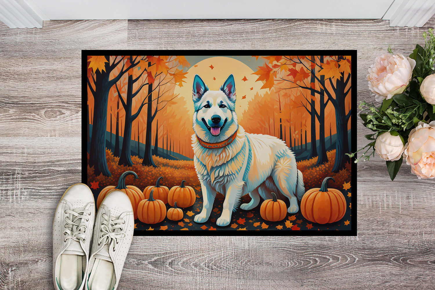 White German Shepherd Fall Doormat Indoor Outdoor 24H X 36W Front Door Mat Rugs for Entryway, Non Slip Washable Low Pile,