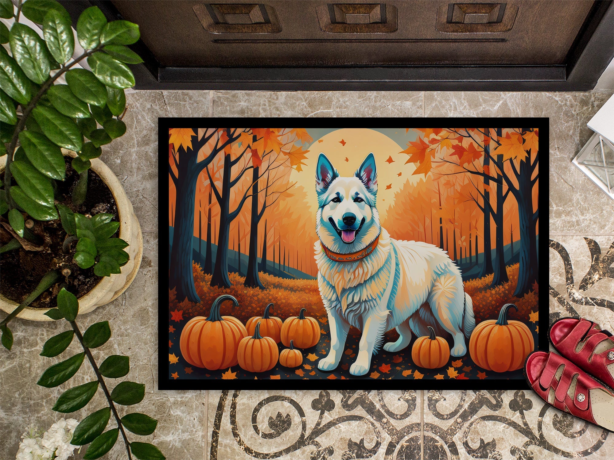 White German Shepherd Fall Doormat Indoor Outdoor 24H X 36W Front Door Mat Rugs for Entryway, Non Slip Washable Low Pile,