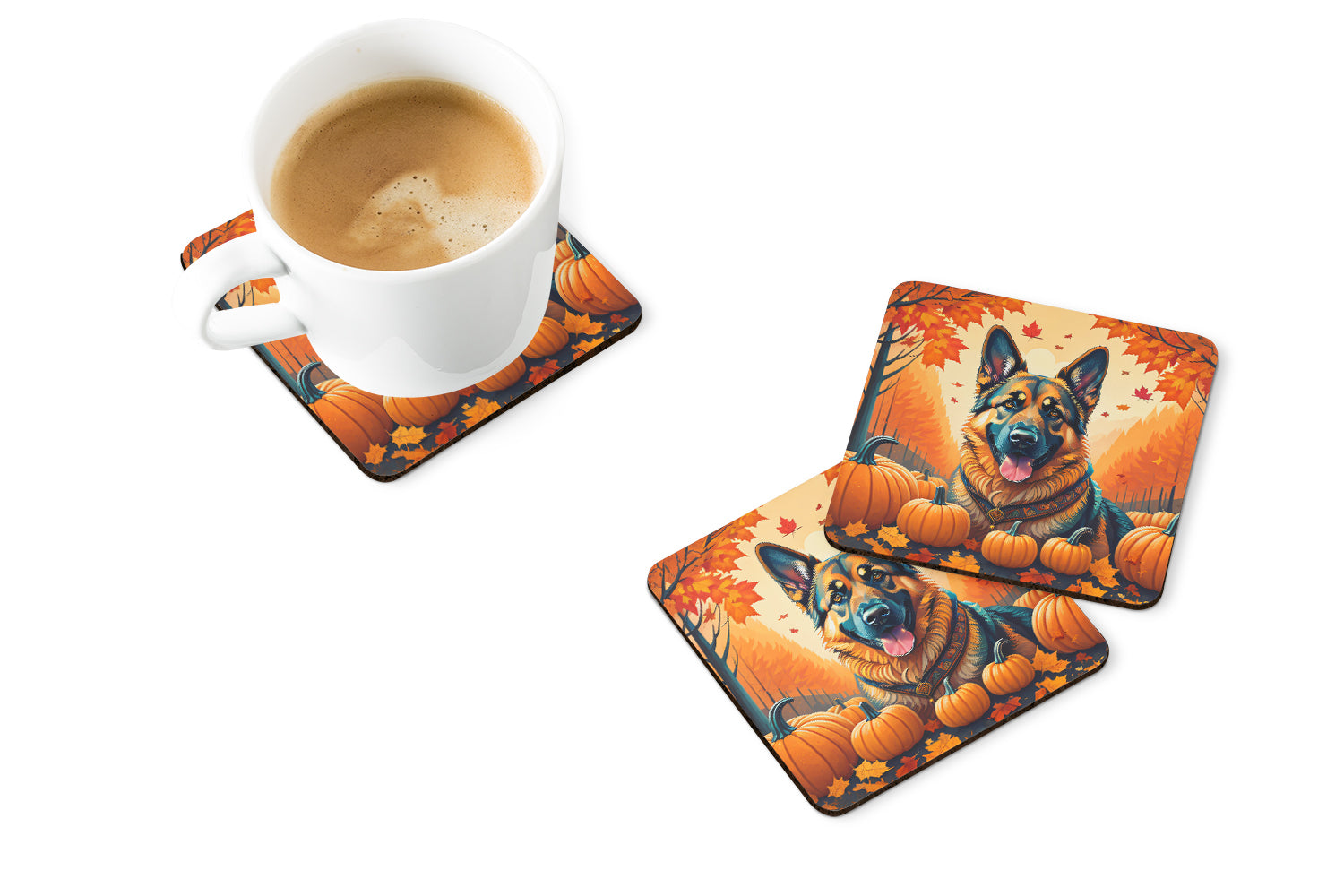 German Shepherd Fall Foam Coasters Set of 4 Cup Coasters for Indoor Outdoor, Tabletop Protection, Anti Slip, Mouse pad Material