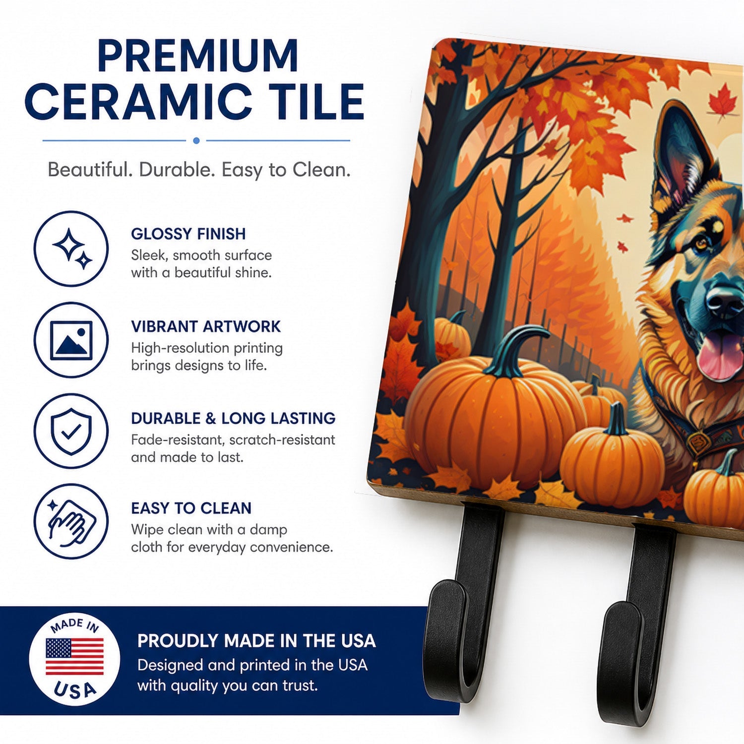 German Shepherd Fall Leash or Key Holder Wall Hooks, Coat Rack Wall Mount, for Hanging Keys, Towels, Aprons, Leashes