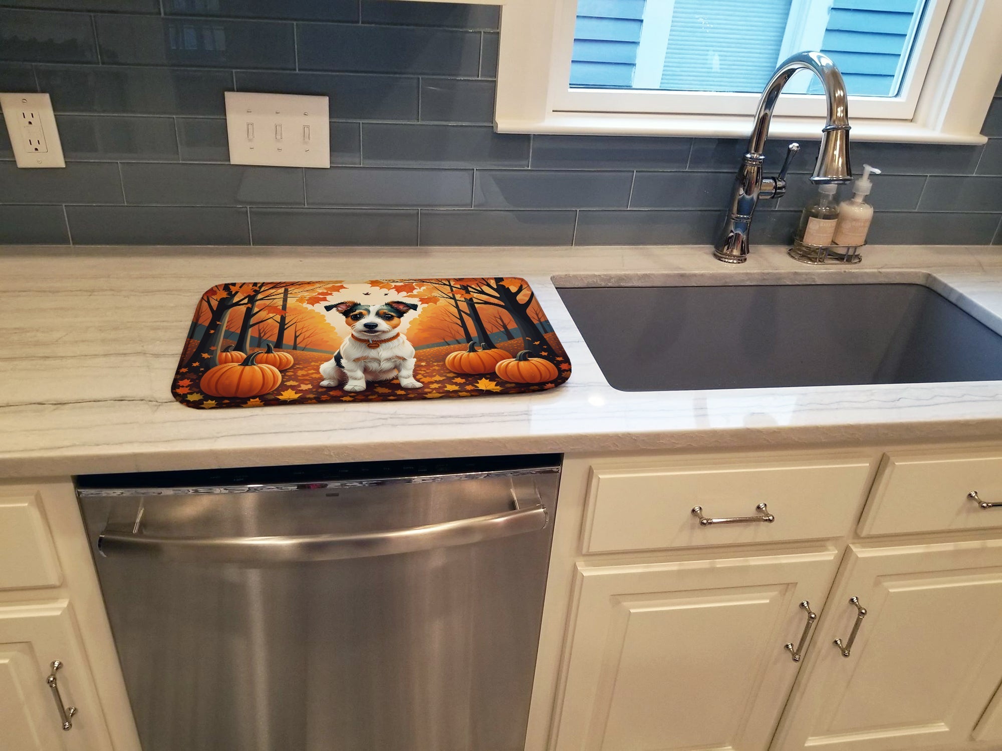 Jack Russell Terrier Fall Dish Drying Mat Absorbent Dish Drying Mat Pad for Kitchen Counter Dish Drainer Mat for Countertop, 14 x 21", Multicolor