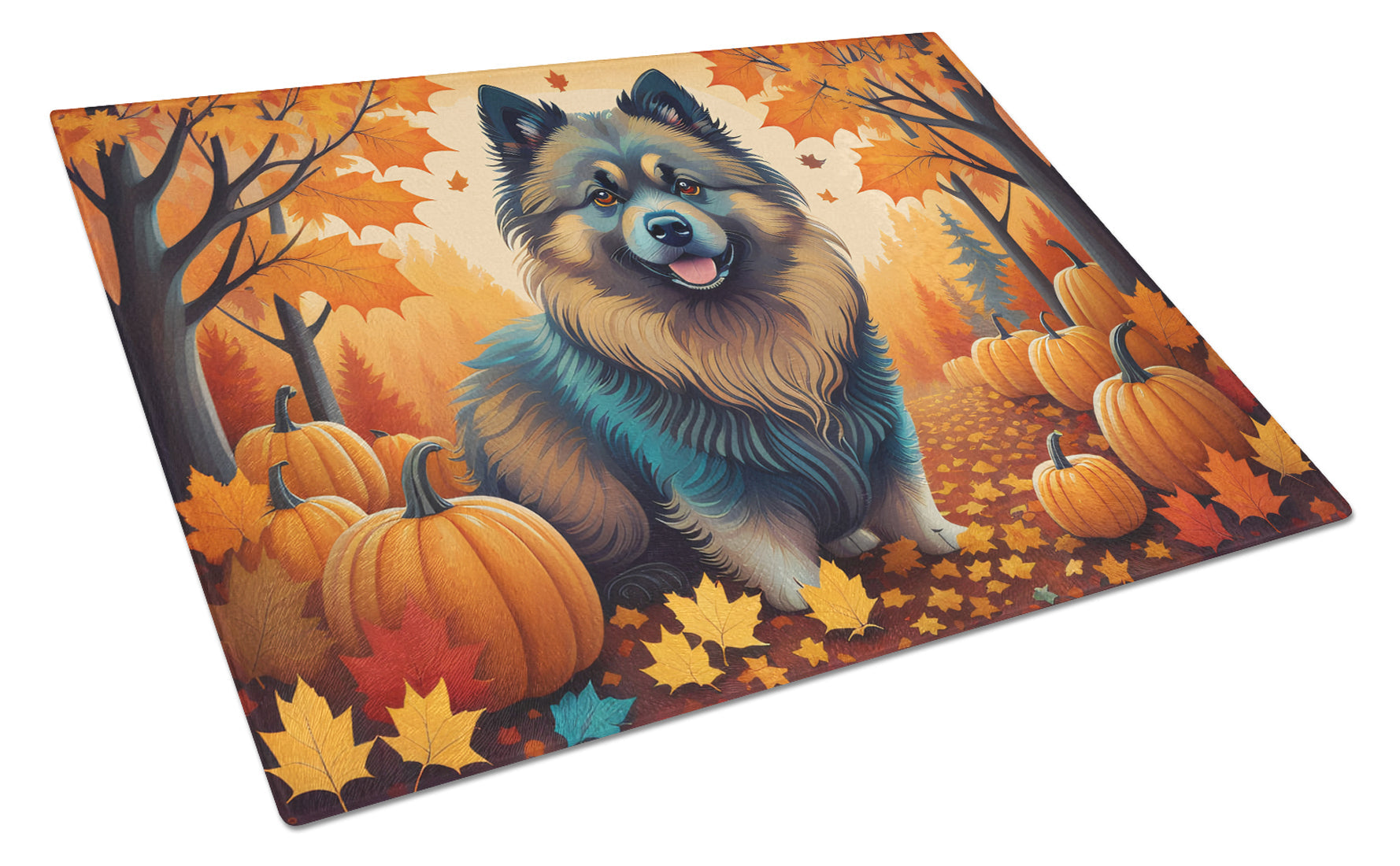 Keeshond Fall Cutting Board Tempered Glass Kitchen Cutting Surface, Heat Resistant Chopping, Non-Slip Feet, Food Prep & Serving