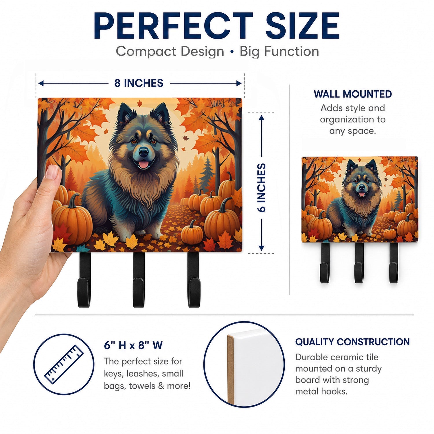Keeshond Fall Leash or Key Holder Wall Hooks, Coat Rack Wall Mount, for Hanging Keys, Towels, Aprons, Leashes