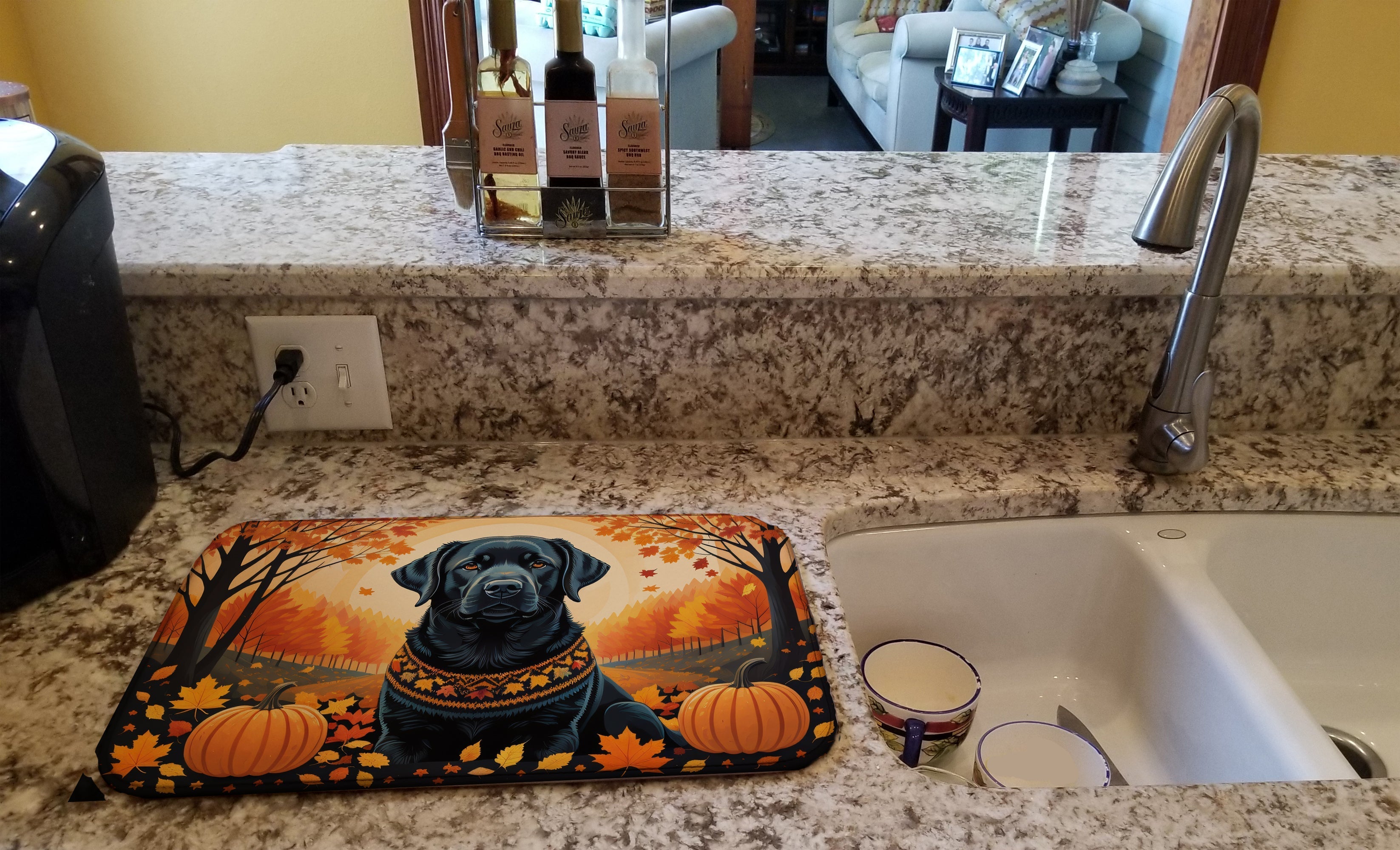 Black Labrador Retriever Fall Dish Drying Mat Absorbent Dish Drying Mat Pad for Kitchen Counter Dish Drainer Mat for Countertop, 14 x 21", Multicolor